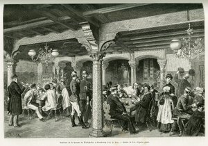 Interior de la taberna Tiefenkeller en Estrasburgo. Grabado de Lix, para ilustrar la historia A través de Alsacia y Lorena, en 1887, de Charles Grad, diputado alemán, en Le Tour du Monde 1888, dirigido por Edouard Charton (1807-1890), Hachette, París. de Frederic Theodore Lix