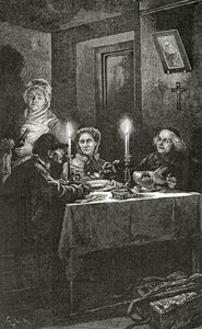 Jean Valjean es recibido y cuidado por el obispo Myriel, siglo XIX