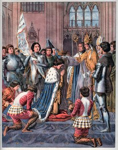 Juana de Arco participa en la ceremonia de coronación de Carlos VII en Reims el 17 de julio de 1429.