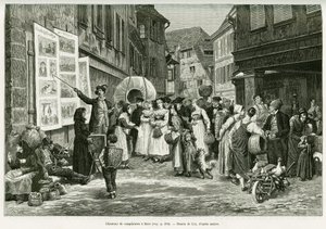 Cantante de lamentos en las calles de Barr. Grabado de Lix, para ilustrar la historia A través de Alsacia y Lorena, en 1887, de Charles Grad, diputado alemán, en Le Tour du Monde 1888, dirigido por Edouard Charton (1807-1890), Hachette, París. de Frederic Theodore Lix