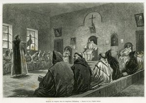 Reunión del capítulo entre los trapenses de Oelenberg. Grabado de Lix para ilustrar la historia A través de Alsacia y Lorena, de Charles Grad, diputado alemán, en 1885, en Le Tour du Monde 1887, bajo la dirección de Edouard Charton (1807-1890), Hachette, P