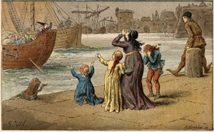 Canción popular: “A Nantes est arrivé”. Niños lloran a su madre, llevada por un marinero. Ilustración (detalle) de Frédéric Théodore Lix (1830-1897) en “Chansons et rondes enfantines des provinces de la France” de Frederic Theodore Lix