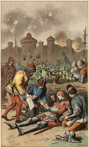 Canción popular: “Era el Gran Duque de Maine”. Muerte del Duque de Maine, atravesado por una flecha. Ilustración de Frédéric Théodore Lix (1830-1897) en “Chansons et rondes enfantines des provinces de la France”