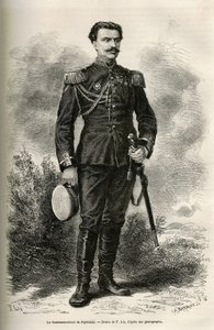 Retrato del viajero y narrador Teniente Coronel de Prjewalski, dibujo de F.Lix para ilustrar el viaje a Mongolia y la tierra de los Tangutes de 1870 a 1873, por el Teniente Coronel de Prjewalski. Grabado en Le tour du monde de Frederic Theodore Lix