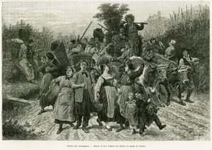Regreso de la cosecha. Grabado de Lix, para ilustrar la historia A través de Alsacia y Lorena, en 1887, de Charles Grad, diputado alemán, en Le Tour du Monde 1888, dirigido por Edouard Charton (1807-1890), Hachette, París. de Frederic Theodore Lix
