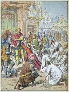 Sitio de Calais por Eduardo III en 1346 - 1347. La reina Felipa de Henao rogó a su esposo que perdonara a los burgueses de Calais. de Frederic Theodore Lix