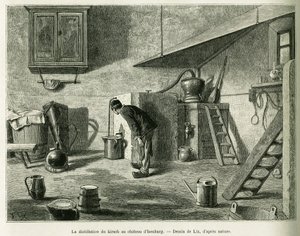 La destilación del kirsch en el castillo de Isenburg. Grabado por Lix, para ilustrar la historia A través de Alsacia y Lorena, en 1887, por Charles Grad, diputado alemán, en le tour du monde 1888, dirigido por Edouard Charton (1807-1890), Hachette, París.