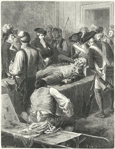 El herido Maximilien Robespierre en el Comité de Seguridad Pública esperando su ejecución, 1794 de Frederic Theodore Lix