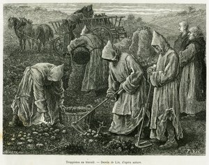 Trapenses trabajando. Grabado por Lix para ilustrar la historia A través de Alsacia y Lorena, por Charles Grad, diputado alemán, en 1885, en le tour du monde 1887, bajo la dirección de Edouard Charton (1807-1890), Hachette, París. de Frederic Theodore Lix