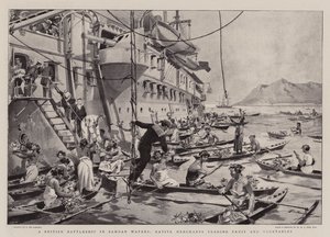 Un acorazado británico en aguas de Samoa, comerciantes nativos intercambiando frutas y verduras de Frederic de Haenen