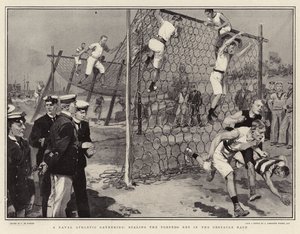 Una reunión atlética naval, escalando la red de torpedos en la carrera de obstáculos de Frederic de Haenen