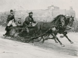Un trineo con red de seda azul, para evitar que la nieve salpique a los ocupantes, el Kremlin al fondo de Frederic de Haenen