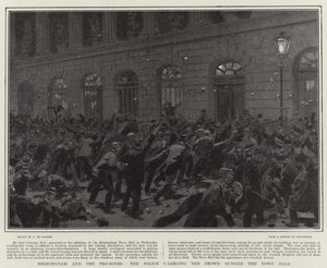 Birmingham y los Pro-Boers, la policía cargando contra la multitud fuera del Ayuntamiento