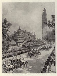 Día de la coronación, la escena en Parliament Square a la llegada del Príncipe de Gales de Frederic de Haenen