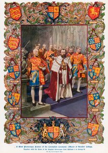 Oficiales del Colegio de Heraldos, junto con los escudos de los soberanos ingleses desde el Rey Guillermo I hasta el Rey Jorge V de Frederic de Haenen