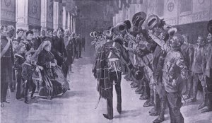 La reina Victoria inspeccionando a los coloniales inválidos en el Salón de San Jorge, Windsor (ilustración de After Pretoria: The Guerilla War, 1902) de Frederic de Haenen