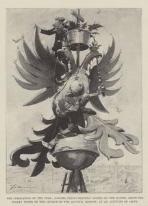La Coronación del Zar, Marineros fijando Luces Eléctricas en las Águilas sobre la Torre Ipasky de la Iglesia del Salvador, Moscú, a una Altitud de 180 Pies de Frederic de Haenen