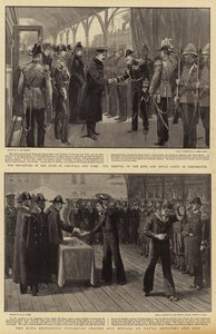 La partida del Duque de Cornualles y York, la llegada del Rey y la comitiva real a Portsmouth, el Rey otorgando Órdenes y Medallas Victorianas a Oficiales y Hombres Navales