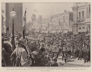 La brigada naval en la ciudad, el alcalde en la Mansion House viendo pasar la procesión