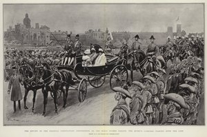 La Revisión de los Contingentes de la Coronación Colonial en el Desfile de la Guardia de Caballos, el Carruaje de la Reina pasando por la Línea