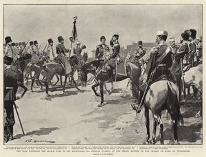 El Zar observando el desfile de su Guardia Real (2º Guardias Cosacos) en la revisión de primavera en el Campo de Marte, San Petersburgo de Frederic de Haenen