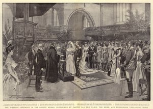 La ceremonia de la boda en la Groote Kerke, realizada por el pastor Van der Vlier, los novios intercambiando anillos