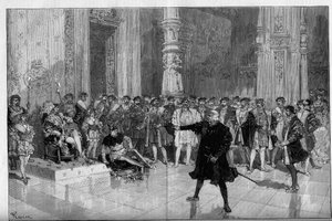 Representación teatral: “El rey se divierte” de Victor Hugo (1808-1883). Acto I escena 5: una sala en el Louvre, la maldición. M. de Saint Vallier ante el rey Francisco I y el bufón Triboulet. de Frederic de Haenen