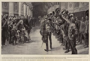 Tres Vivas por la Reina, Su Majestad inspeccionando a los Voluntarios Coloniales Invalidos en el Castillo de Windsor