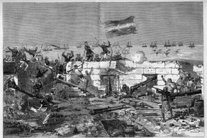 Túnez, julio de 1881: las tropas francesas tomaron la ciudad de Stax tras la revuelta de los habitantes contra el protectorado francés de Túnez. Fusileros marinos desmontan la batería circular. Grabado por De Haenen en “The Illustrous World” n°1273 del 20  de Frederic de Haenen