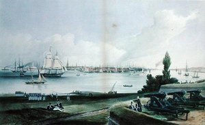 Nueva York desde la Isla del Gobernador, grabado por Henry Papprill de Frederick (after) Catherwood