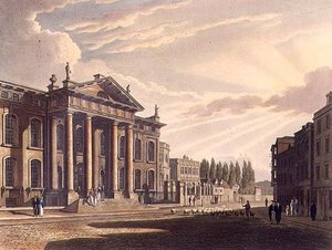 Exterior de la Casa de Impresión Clarendon, ilustración de la 