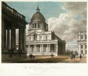 Vista del Hospital de Greenwich (Kent, Inglaterra), descripción de la cúpula y de la esquina noreste del patio del rey Guillermo (William), con la fachada norte del vestíbulo pintada detrás, y con parte del patio y la capilla de la reina María. de Frederick (after) Nash
