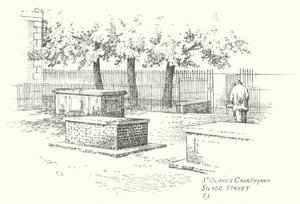 Patio de la iglesia de St Olave, Silver Street (litografía) de Frederick Adcock