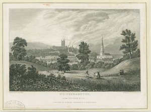 Wolverhampton - Vista distante desde la Carretera de Penn: grabado en acero de Frederick Calvert