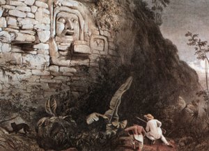 Cazador y su guía ante la cabeza maya de Itzam Na