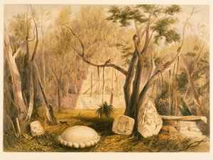 Edificio piramidal y fragmento de escultura en Copán, ilustración de 