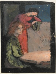 Dos chicas junto a una mesa mirando una noche estrellada de Frederick Cayley Robinson