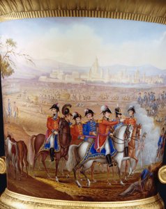 Detalle de Wellington y sus oficiales de un jarrón campana delgado de fondo dorado de Berlín y pedestal del tipo de servicio de Wellington, pintado con una escena de la batalla de Vittoria, 1817