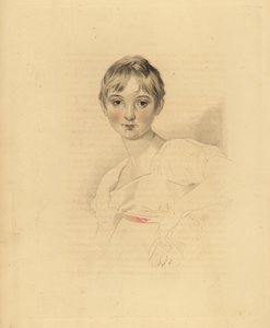 Retrato de Lucy Meredith, sobrina de Sir Thomas Lawrence. Joven preadolescente con vestido blanco y cinturón de cinta rosa. Grabado a mano por Frederick Christian Lewis después de una ilustración de Sir Thomas Lawrence del 