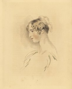 Retrato de Mary Isabella Bloxam como una joven, sobrina de Sir Thomas Lawrence. Con el cabello recogido y rizado, en un vestido con los hombros descubiertos. Grabado por Frederick Christian Lewis después de una ilustración de Sir Thomas Lawrence del Cabine de Frederick Christian Lewis