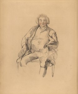 Retrato del padre de Sir Thomas Lawrence, posadero Thomas Lawrence. Hombre corpulento con peluca sentado en una silla. Grabado coloreado a mano por Frederick Christian Lewis después de una ilustración de Sir Thomas Lawrence del Cabinet of Gems de P.G. Patm