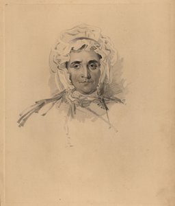 Retrato de la madre de Sir Thomas Lawrence, Lucy Read, cerca de la muerte. Con gorro y vestido de cuello alto. Grabado a mano por Frederick Christian Lewis después de una ilustración de Sir Thomas Lawrence del 