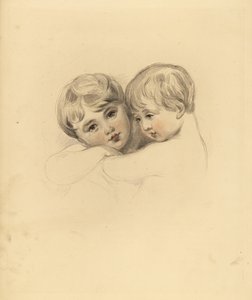 Retrato de los niños Calmeady en un abrazo. Grabado a mano por Frederick Christian Lewis después de una ilustración de Sir Thomas Lawrence del 