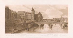 Vista de Pont au Change, Theatre de la Cite, Pont Neuf y la Prisión de la Conciergerie de Frederick Christian Lewis the Elder