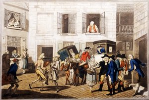 Patio de la posada en Calais, pub. por William Holland, Londres, 1790 (acuafuerte coloreada a mano) de Frederick George Byron