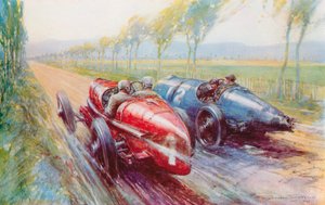 Felice Nazzaro ganó el Gran Premio de 1922, manejando uno de los nuevos y muy rápidos Fiat (litografia de color) de Frederick Gordon (after) Crosby