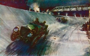 En 1907, S F Edge, conduciendo el Napier con una sola mano, logró mantener 60 mph durante 24 horas, el primer récord en la nueva pista de Brooklands (litografia en color) de Frederick Gordon (after) Crosby
