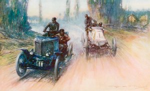 En la carrera París-Amsterdam de 1898, el Panhard blanco de Charron se equipó con volante en lugar de timón por primera vez en la historia de las carreras (litografia en color) de Frederick Gordon (after) Crosby