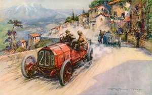 El campeón de Italia, Felice Nazzaro, y el Fiat ganando la Targa Florio de 1907, la combinación había ganado previamente el Gran Premio y el Kaiserpreis (litografia en color) de Frederick Gordon (after) Crosby