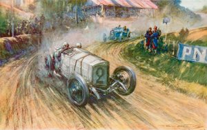 Lautenschlager con el Mercedes alemán y Boillot con el Peugeot francés en su gran pugna durante el Gran Premio de 1914 (litografia en color) de Frederick Gordon (after) Crosby